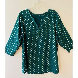 Sz XL Green Gold Glitter Dots Open Split Buttoned V Neck Pullover Blouse